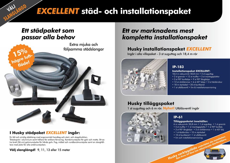 Installationspaket EXCELLENT: 18,4 m vakuumrör 50,8 mm 3 st suguttag 2 st grenrör 12 st muffar 3 st montageplattor 3 st 90 o kortböjar 9 st 90 o långböjar 12 st rörklämmor 6 st 45 o böjar 3 st