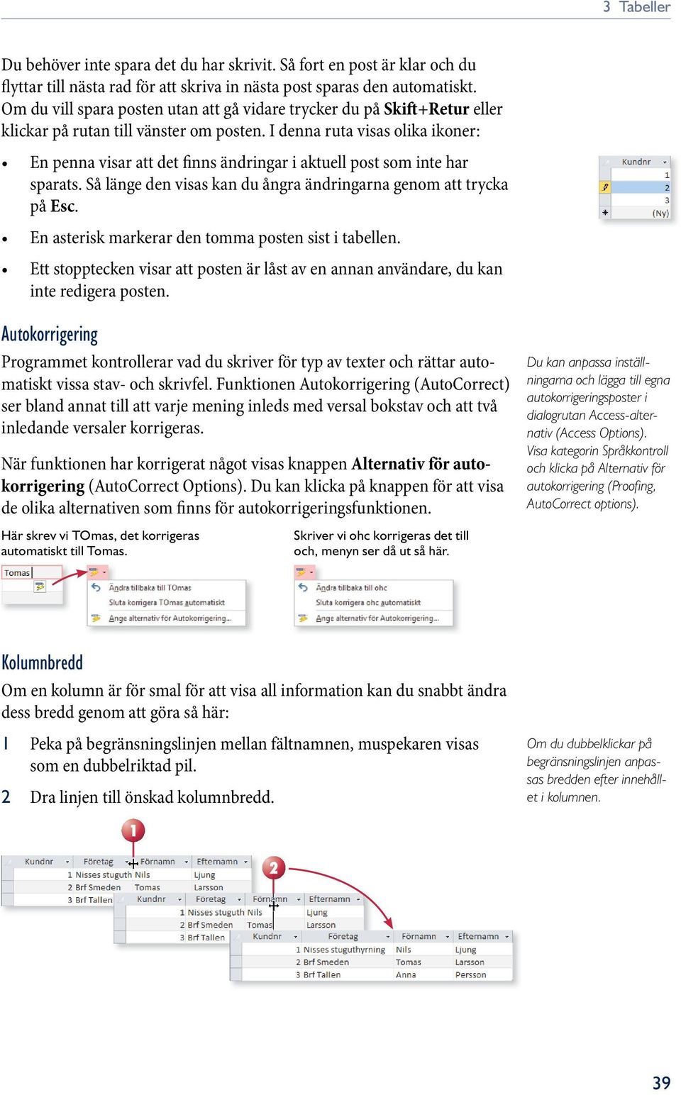 I denna ruta visas olika ikoner: En penna visar att det finns ändringar i aktuell post som inte har spar ats. Så länge den visas kan du ångra ändringarna genom att trycka på Esc.