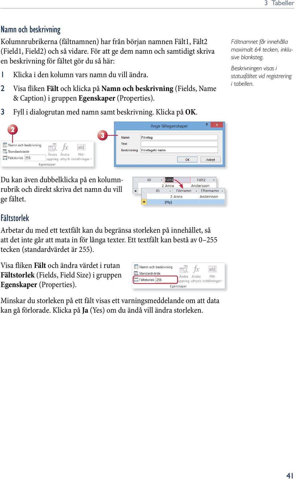 Visa fliken Fält och klicka på Namn och beskrivning (Fields, Name & Caption) i gruppen Egenskaper (Properties). 3 Fyll i dialogrutan med namn samt beskrivning. Klicka på OK.