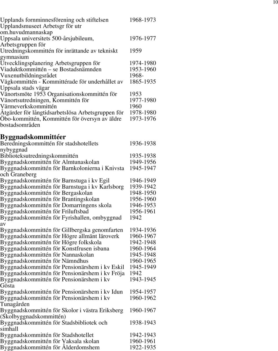 Viaduktkommittén se Bostadsnämnden 1953-1960 Vuxenutbildningsrådet 1968- Vägkommittén - Kommittérade för underhållet av 1865-1935 Uppsala stads vägar Vänortsmöte 1953 Organisationskommittén för 1953