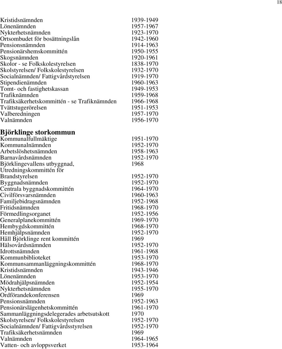 1949-1953 Trafiknämnden 1959-1968 Trafiksäkerhetskommittén - se Trafiknämnden 1966-1968 Tvättstugerörelsen 1951-1953 Valberedningen 1957-1970 Valnämnden 1956-1970 Björklinge storkommun