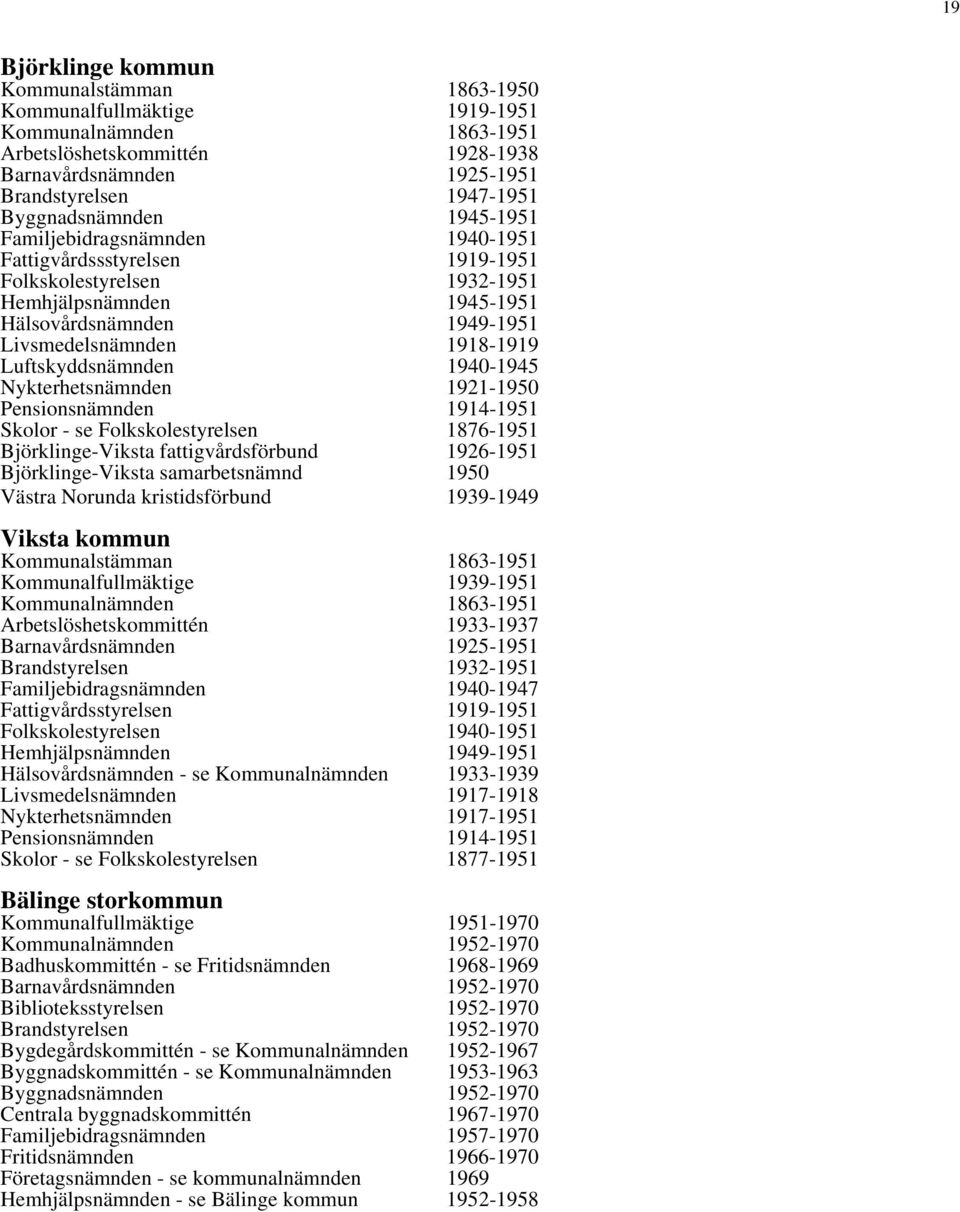 1940-1945 Nykterhetsnämnden 1921-1950 Pensionsnämnden 1914-1951 Skolor - se Folkskolestyrelsen 1876-1951 Björklinge-Viksta fattigvårdsförbund 1926-1951 Björklinge-Viksta samarbetsnämnd 1950 Västra