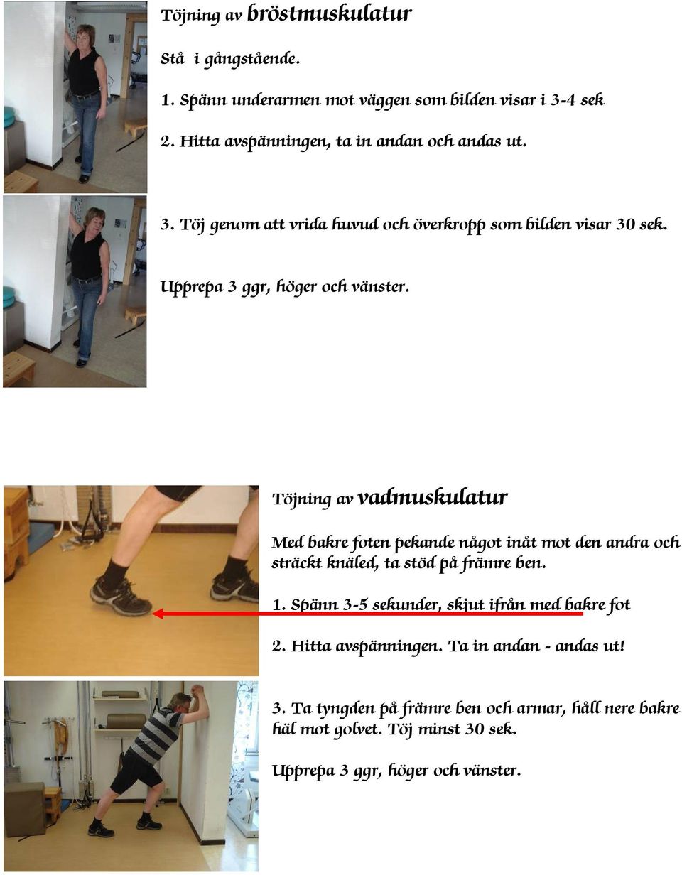 Töjning av vadmuskulatur Med bakre foten pekande något inåt mot den andra och sträckt knäled, ta stöd på främre ben. 1.