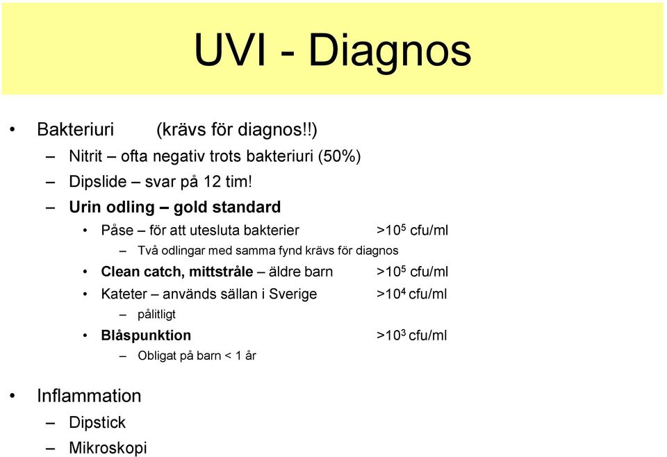 Urin odling gold standard Påse för att utesluta bakterier >10 5 cfu/ml Inflammation Två odlingar med