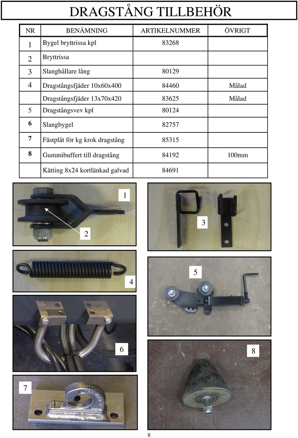 Dragstångsvev kpl 80 6 Slangbygel 877 7 Fästplåt för kg krok dragstång 8