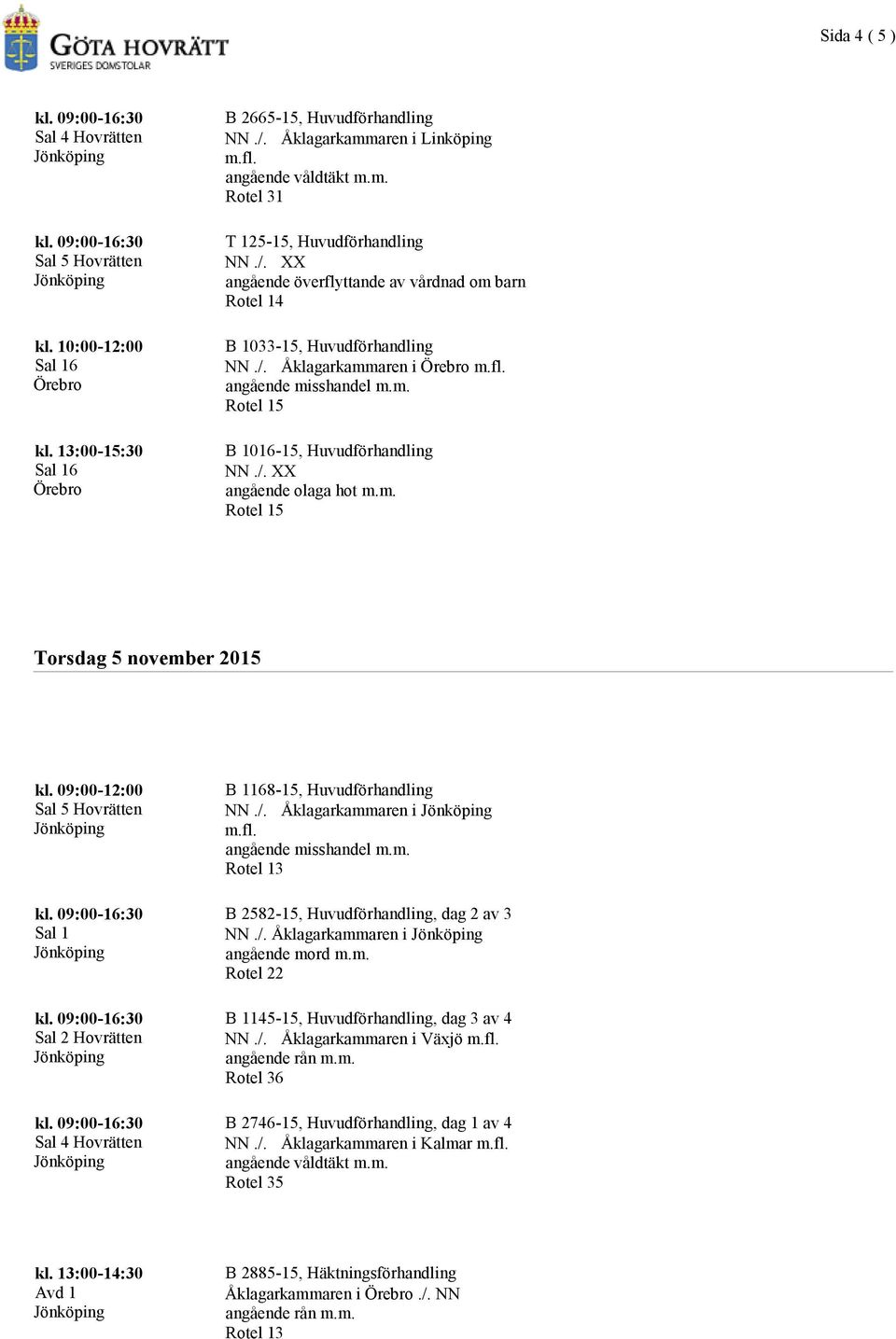 Åklagarkammaren i Rotel 15 B 1016-15, Huvudförhandling Rotel 15 Torsdag 5 november 2015 kl. 09:00-12:00 B 1168-15, Huvudförhandling NN./.