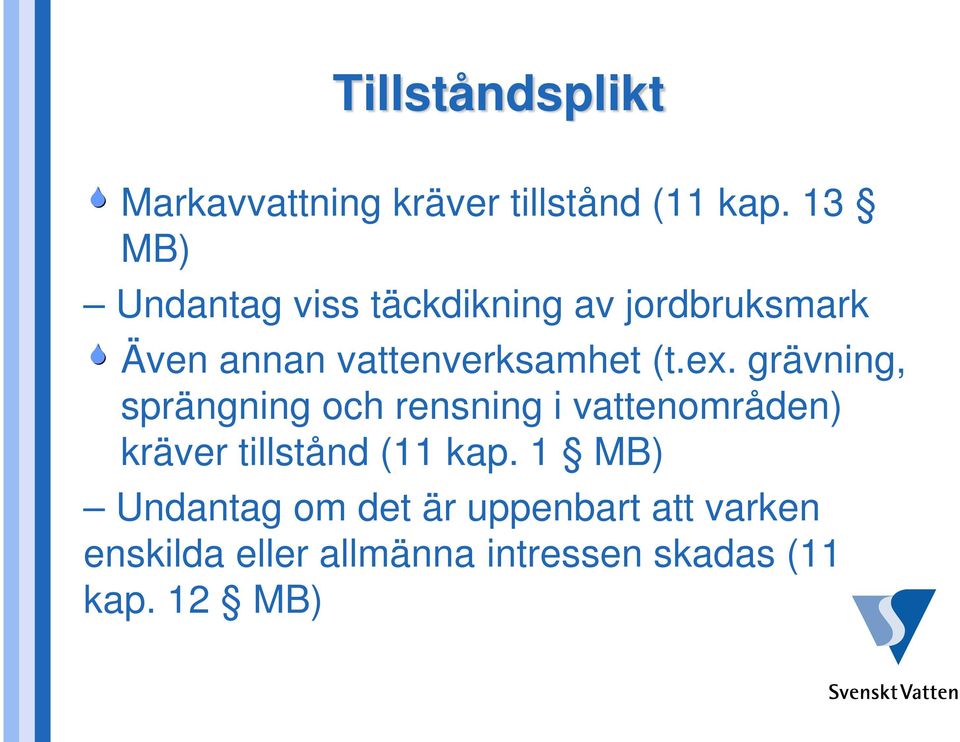 ex. grävning, sprängning och rensning i vattenområden) kräver tillstånd (11 kap.