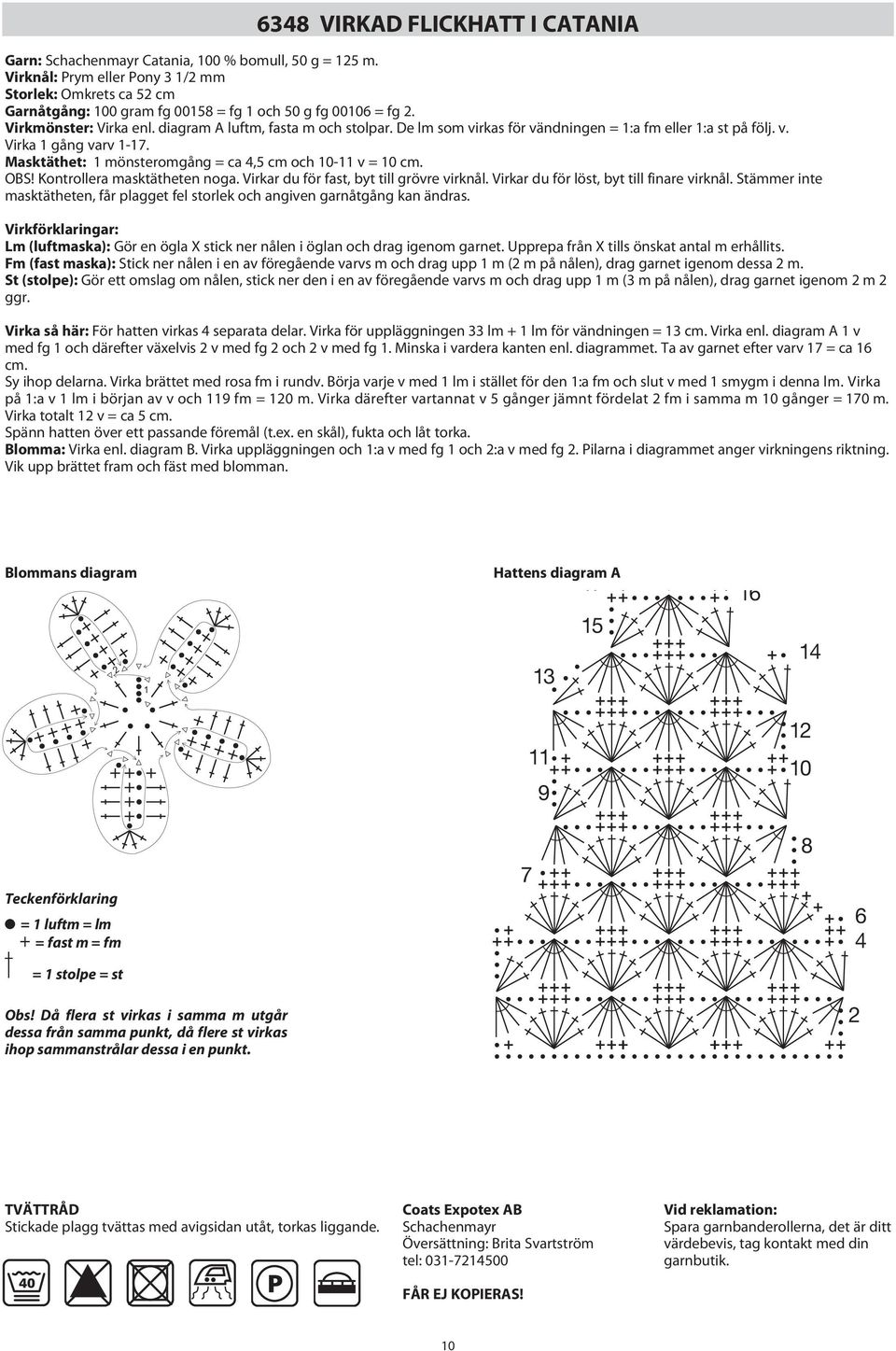 Masktäthet: 1 mönsteromgång = ca 4,5 cm och 10-11 v = 10 cm. OBS! Kontrollera masktätheten noga. Virkar du för fast, byt till grövre virknål. Virkar du för löst, byt till finare virknål.