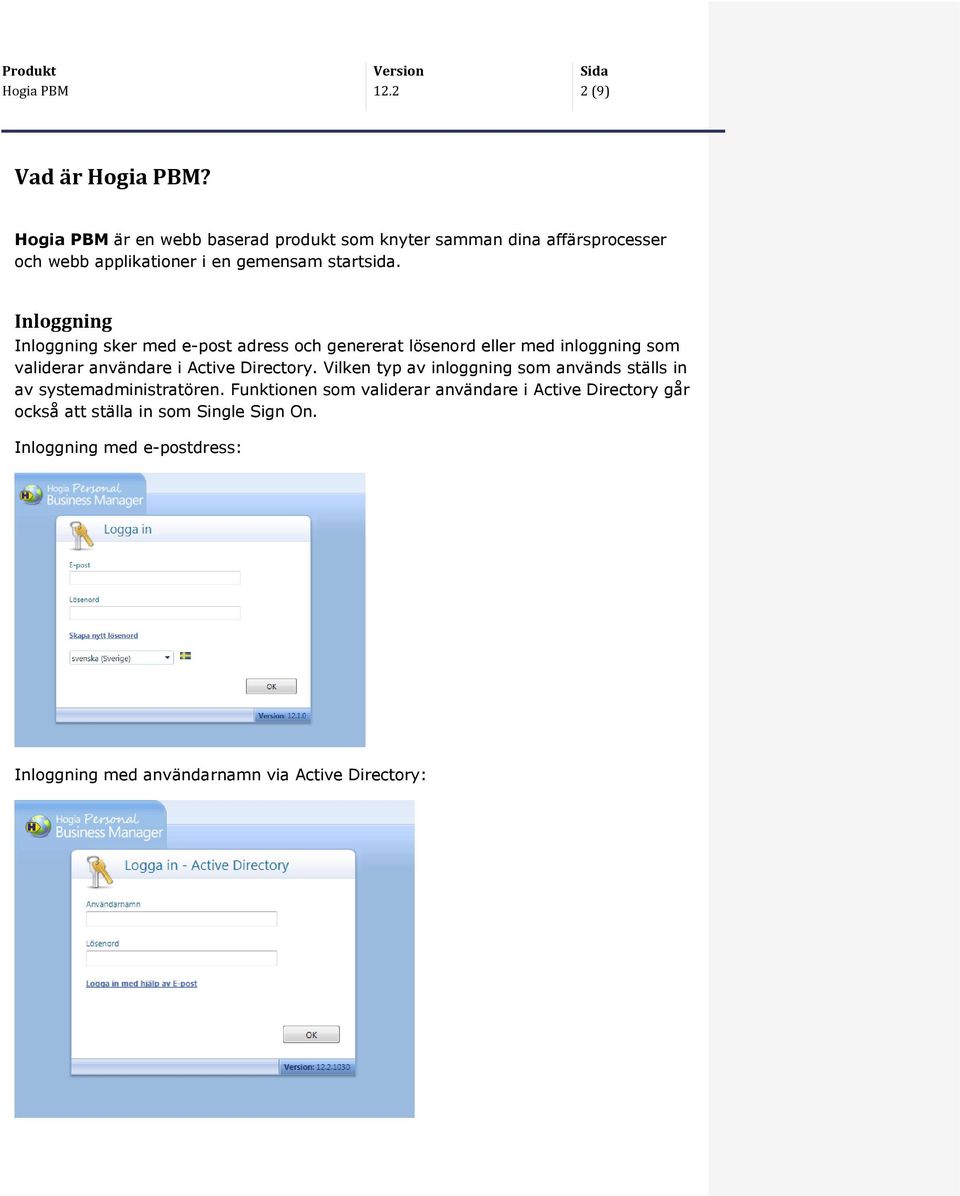 Inloggning Inloggning sker med e-post adress och genererat lösenord eller med inloggning som validerar användare i Active