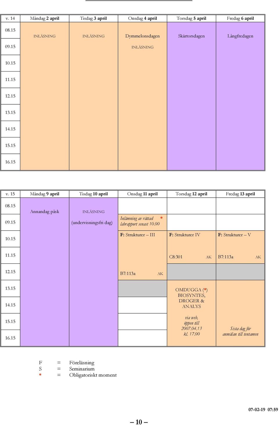 15 Annandag påsk ILÄSIG (undervisningsfri dag) Inlämning av rättad * labrapport senast 10.00 10.15 F: Strukturer III F: Strukturer IV F: Strukturer V 11.
