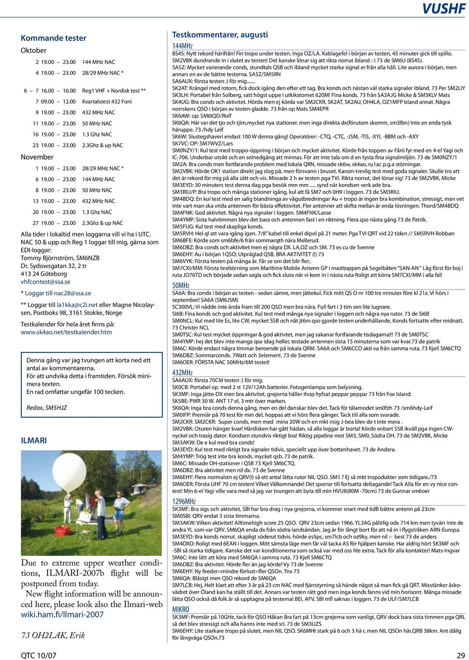 00 23.00 2.3Ghz & up NAC Alla tider i lokaltid men loggarna vill vi ha i UTC. NAC 50 & upp och Reg 1 loggar till mig, gärna som EDI-loggar: Tommy Björnström, SM6NZB Dr.
