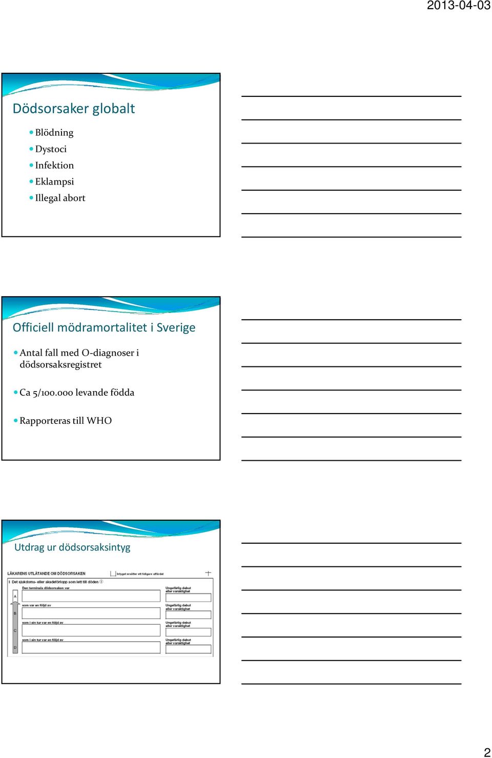 fall med O diagnoser i dödsorsaksregistret Ca 5/100.