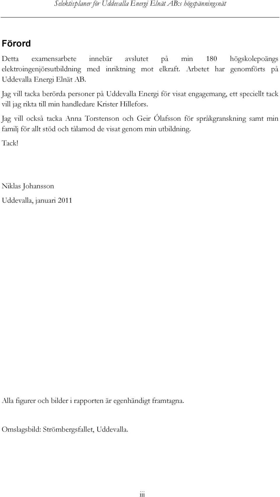 Jag vill tacka berörda personer på Uddevalla Energi för visat engagemang, ett speciellt tack vill jag rikta till min handledare Krister Hillefors.