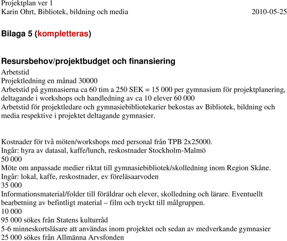 gymnasier. Kostnader för två möten/workshops med personal från TPB 2x25000.