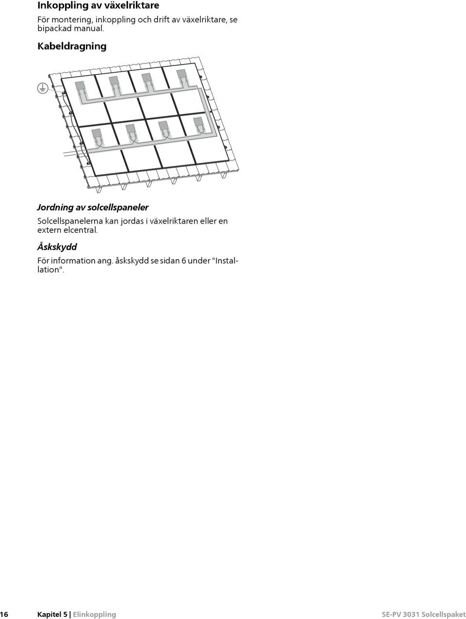 Kabeldragning Jordning av solcellspaneler Solcellspanelerna kan jordas i