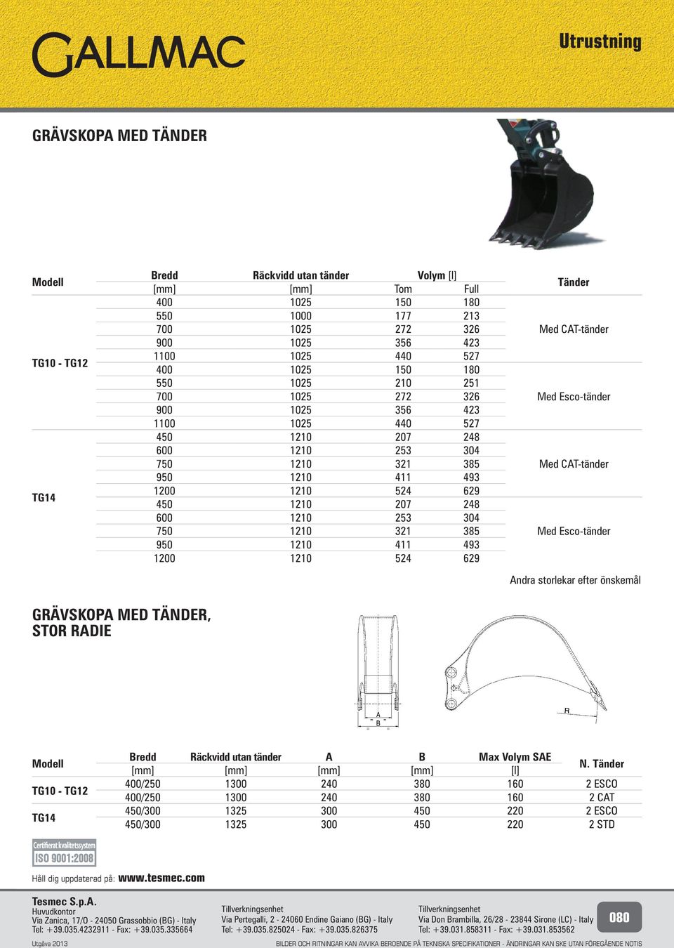 [mm] [mm] [l] N. Tänder / ESCO / CAT / ESCO / STD Certifierat kvalitetssystem ISO 9: Håll dig uppdaterad på: www.tesmec.