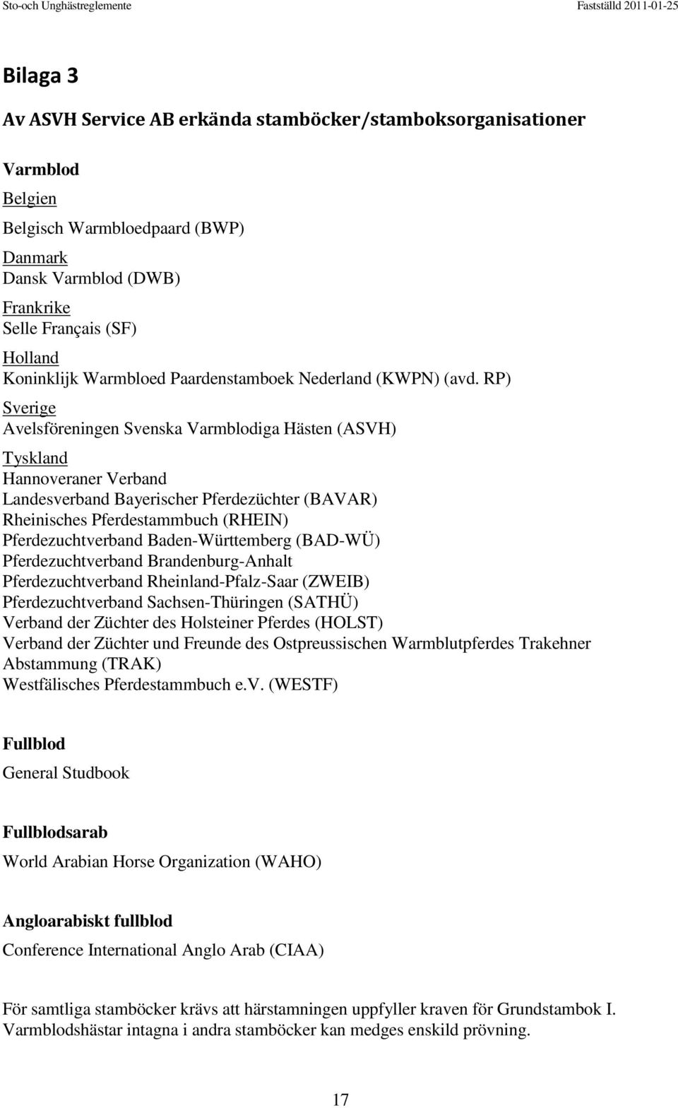 RP) Sverige Avelsföreningen Svenska Varmblodiga Hästen (ASVH) Tyskland Hannoveraner Verband Landesverband Bayerischer Pferdezüchter (BAVAR) Rheinisches Pferdestammbuch (RHEIN) Pferdezuchtverband