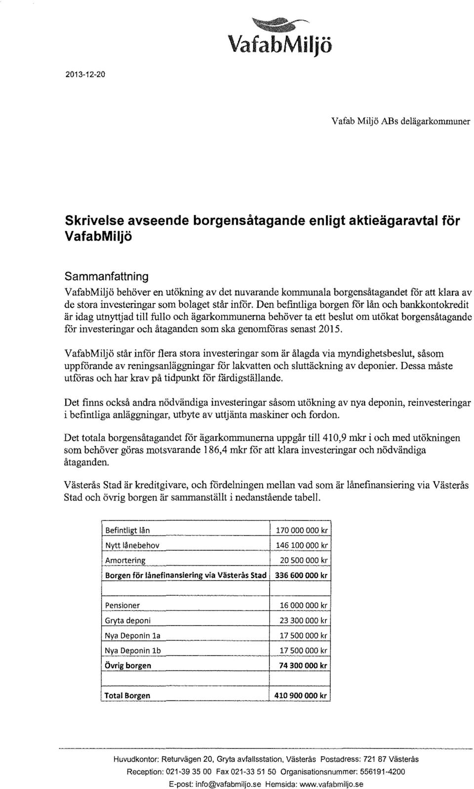 Den befintliga borgen får lån och bankkontokredit är idag utnyttjad till fullo och ägarkommunema behöver ta ett beslut om utökat borgensåtagande får investeringar och åtaganden som ska genomforas