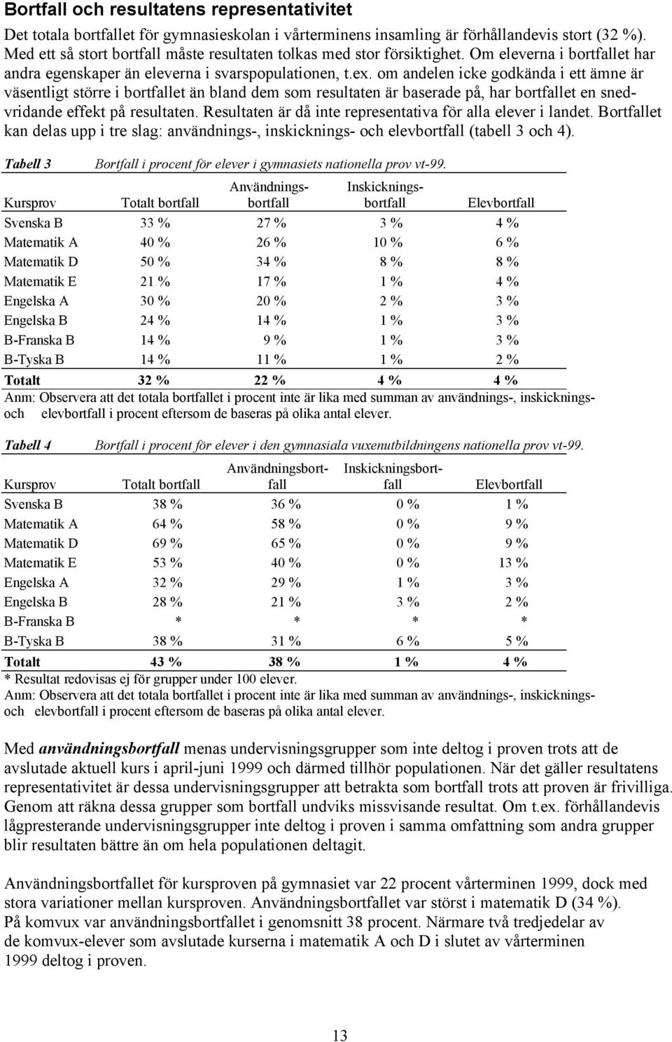 om andelen icke godkända i ett ämne är väsentligt större i bortfallet än bland dem som resultaten är baserade på, har bortfallet en snedvridande effekt på resultaten.