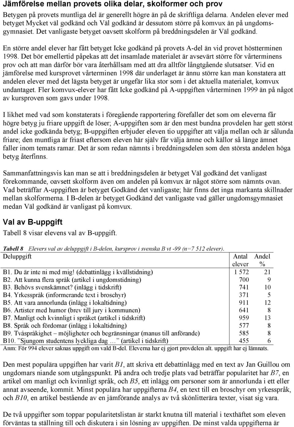 En större andel elever har fått betyget Icke godkänd på provets A-del än vid provet höstterminen 1998.