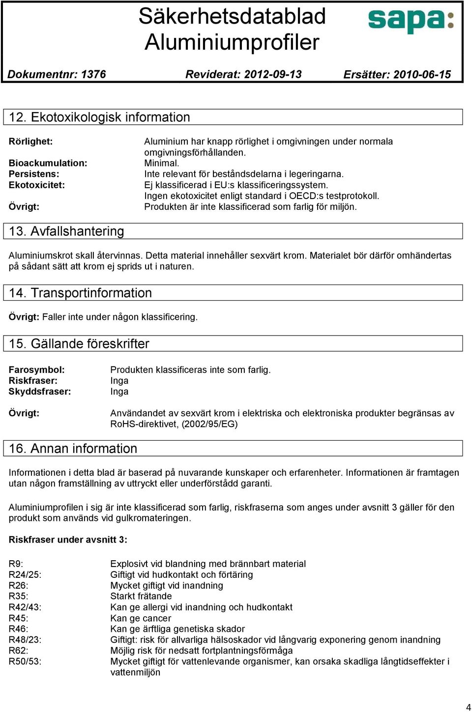 Inte relevant för beståndsdelarna i legeringarna. Ej klassificerad i EU:s klassificeringssystem. Ingen ekotoxicitet enligt standard i OECD:s testprotokoll.