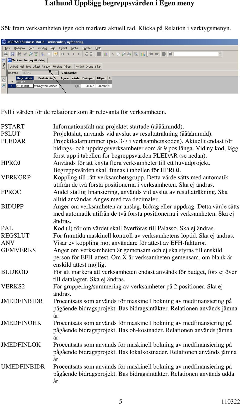 Projektslut, används vid avslut av resultaträkning (ååååmmdd). Projektledarnummer (pos 3-7 i verksamhetskoden). Aktuellt endast för bidrags- och uppdragsverksamheter som är 9 pos långa.