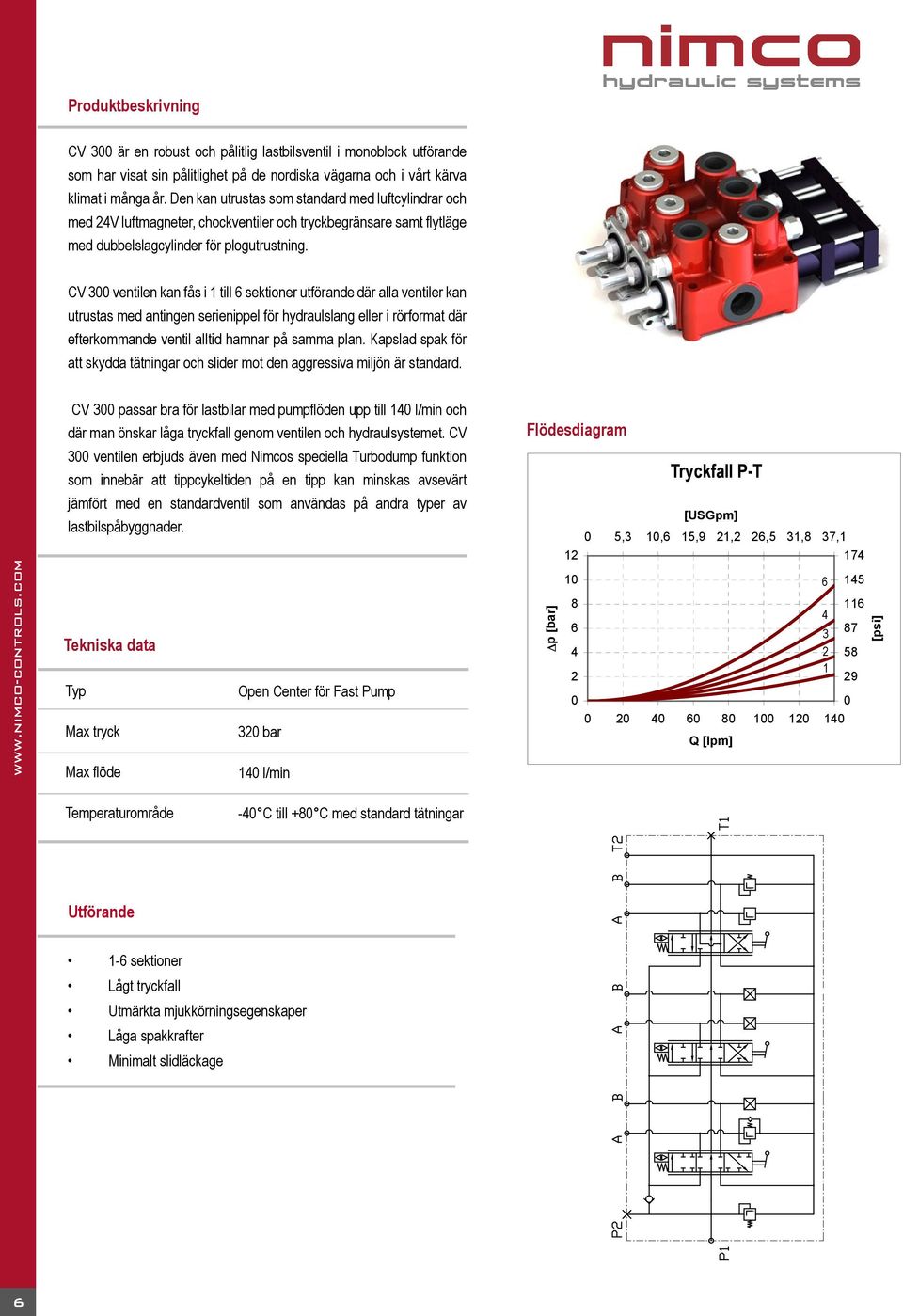 CV 300 ventilen kan fås i 1 till 6 sektioner utförande där alla ventiler kan utrustas med antingen serienippel för hydraulslang eller i rörformat där efterkommande ventil alltid hamnar på samma plan.