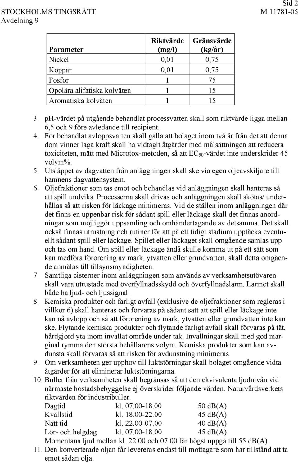 För behandlat avloppsvatten skall gälla att bolaget inom två år från det att denna dom vinner laga kraft skall ha vidtagit åtgärder med målsättningen att reducera toxiciteten, mätt med