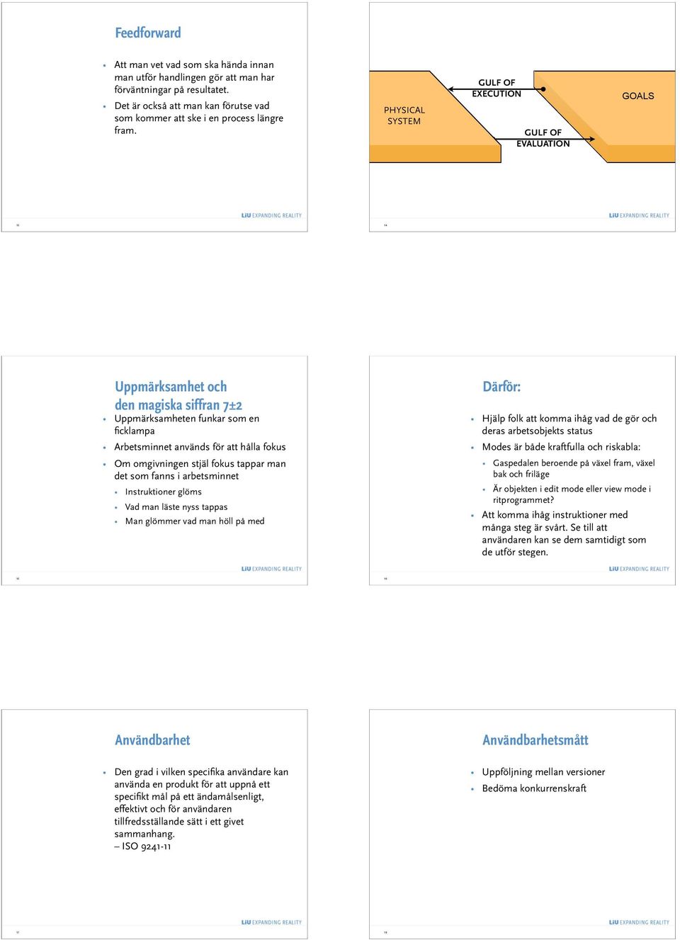 omgivningen stjäl fokus tappar man det som fanns i arbetsminnet Instruktioner glöms Vad man läste nyss tappas Man glömmer vad man höll på med Därför: Hjälp folk att komma ihåg vad de gör och deras