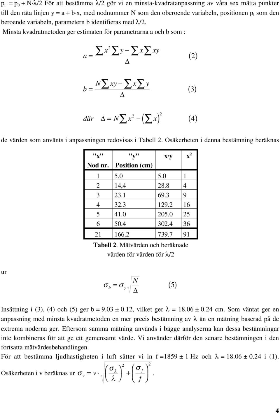 Minsta kvadratmetoden ger estimaten för parametrarna a och b som : a = b = x y x xy N xy x y ( ) () 3 där N x x = ( ) ( 4) de värden som använts i anpassningen redovisas i Tabell.