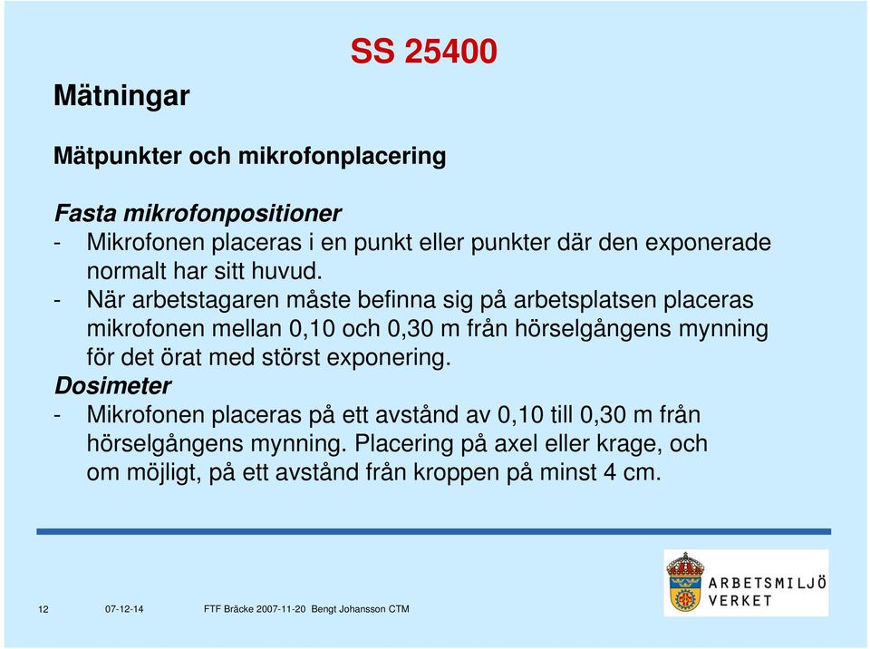 - När arbetstagaren måste befinna sig på arbetsplatsen placeras mikrofonen mellan 0,10 och 0,30 m från hörselgångens mynning för