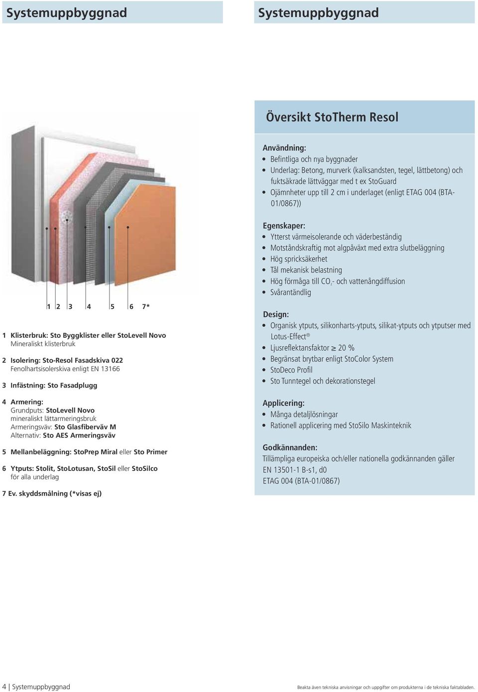 spricksäkerhet Tål mekanisk belastning Hög förmåga till CO ² - och vattenångdiffusion Svårantändlig 1 2 3 4 5 6 1 Klisterbruk: Sto Byggklister eller StoLevell Novo Mineraliskt klisterbruk 2