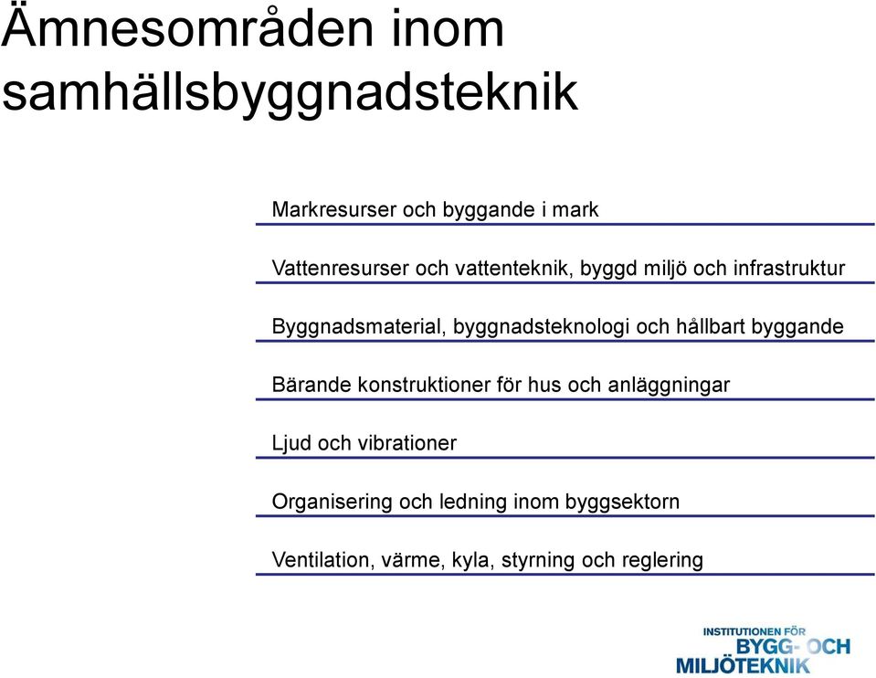 vattenteknik, byggd miljö och infrastruktur Byggnadsmaterial, byggnadsteknologi och hållbart byggande Bärande konstruktioner