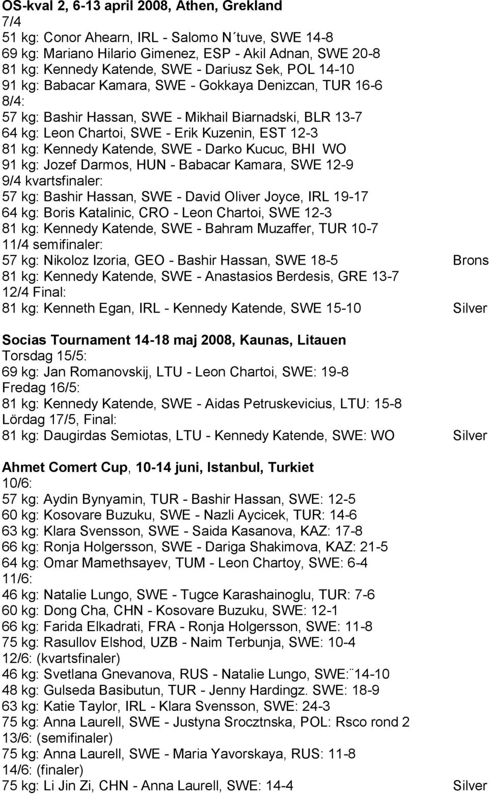 Katende, SWE - Darko Kucuc, BHI WO 91 kg: Jozef Darmos, HUN - Babacar Kamara, SWE 12-9 9/4 kvartsfinaler: 57 kg: Bashir Hassan, SWE - David Oliver Joyce, IRL 19-17 64 kg: Boris Katalinic, CRO - Leon