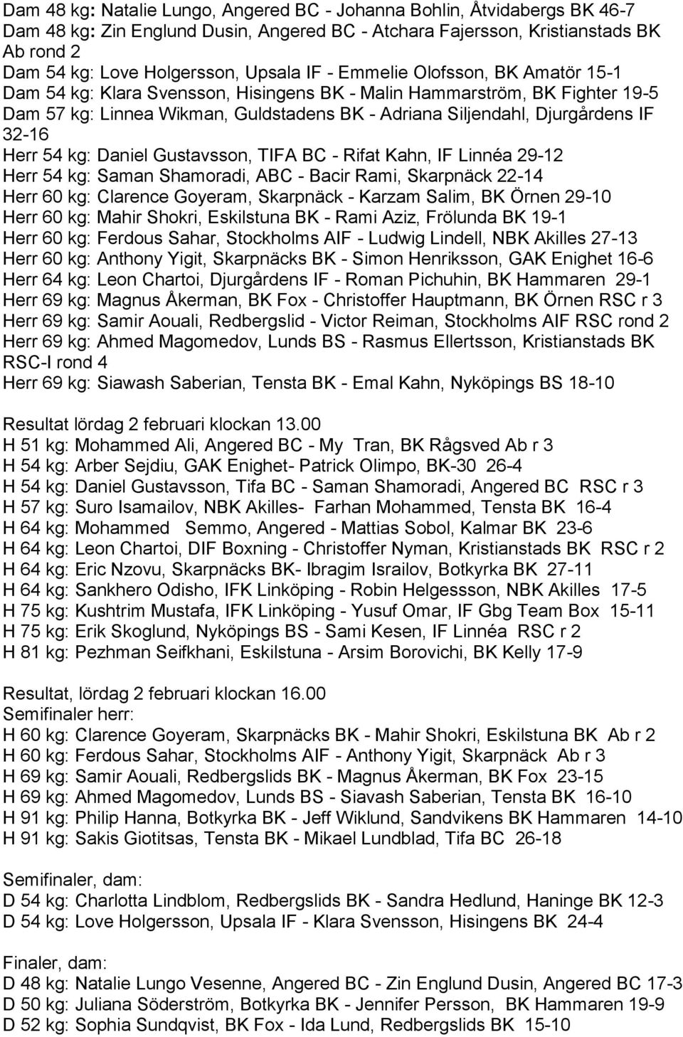 Herr 54 kg: Daniel Gustavsson, TIFA BC - Rifat Kahn, IF Linnéa 29-12 Herr 54 kg: Saman Shamoradi, ABC - Bacir Rami, Skarpnäck 22-14 Herr 60 kg: Clarence Goyeram, Skarpnäck - Karzam Salim, BK Örnen