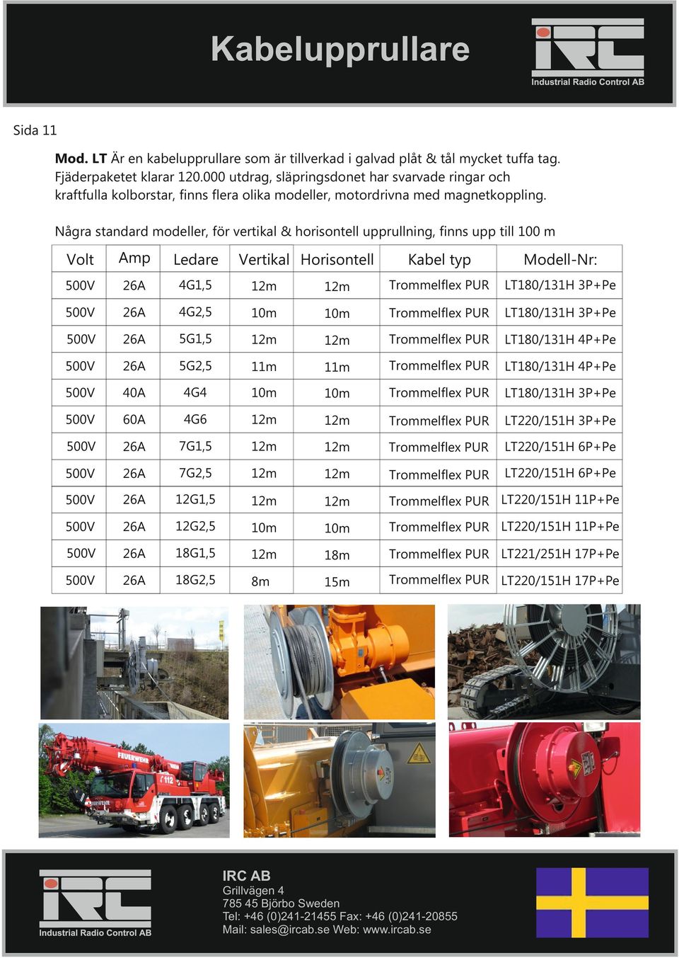 Några standard modeller, för vertikal & horisontell upprullning, finns upp till 100 m Volt Amp 4G1,5 4G2,5 Vertikal Horisontell typ Modell-Nr: Trommelflex PUR LT180/131H 3P+Pe 10m 10m Trommelflex PUR