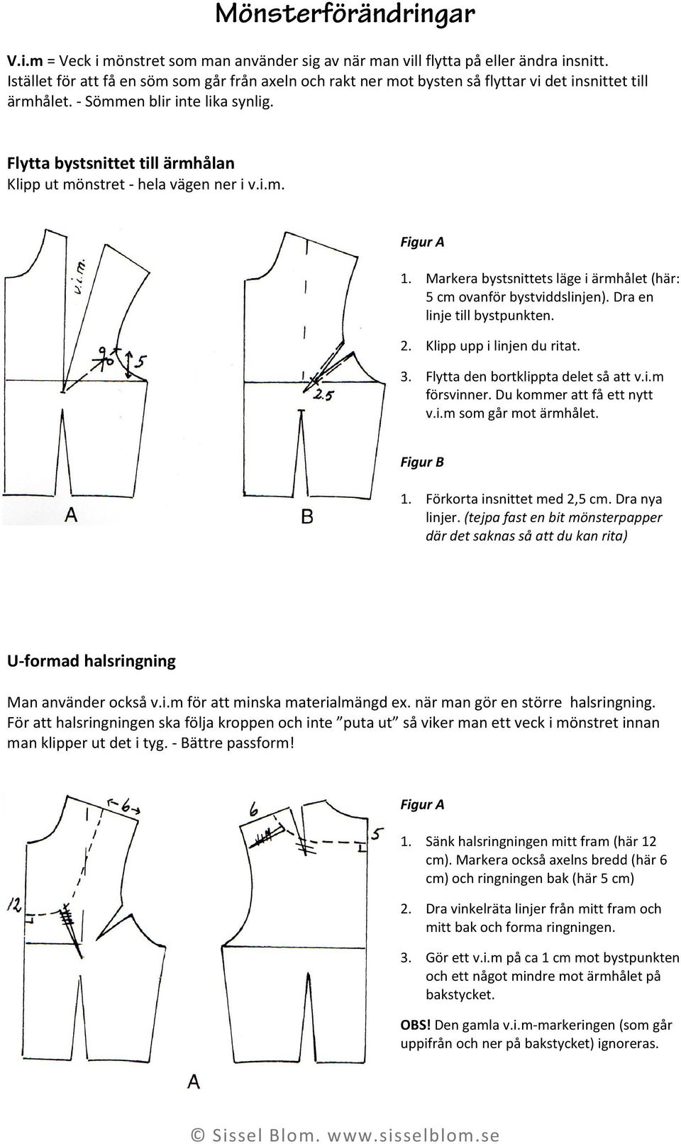 Flytta bystsnittet till ärmhålan Klipp ut mönstret - hela vägen ner i v.i.m. Figur A 1. Markera bystsnittets läge i ärmhålet (här: 5 ovanför bystviddslinjen). Dra en linje till bystpunkten. 2.