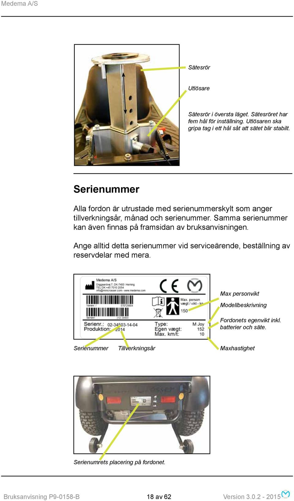 Samma serienummer kan även finnas på framsidan av bruksanvisningen. Ange alltid detta serienummer vid serviceärende, beställning av reservdelar med mera.