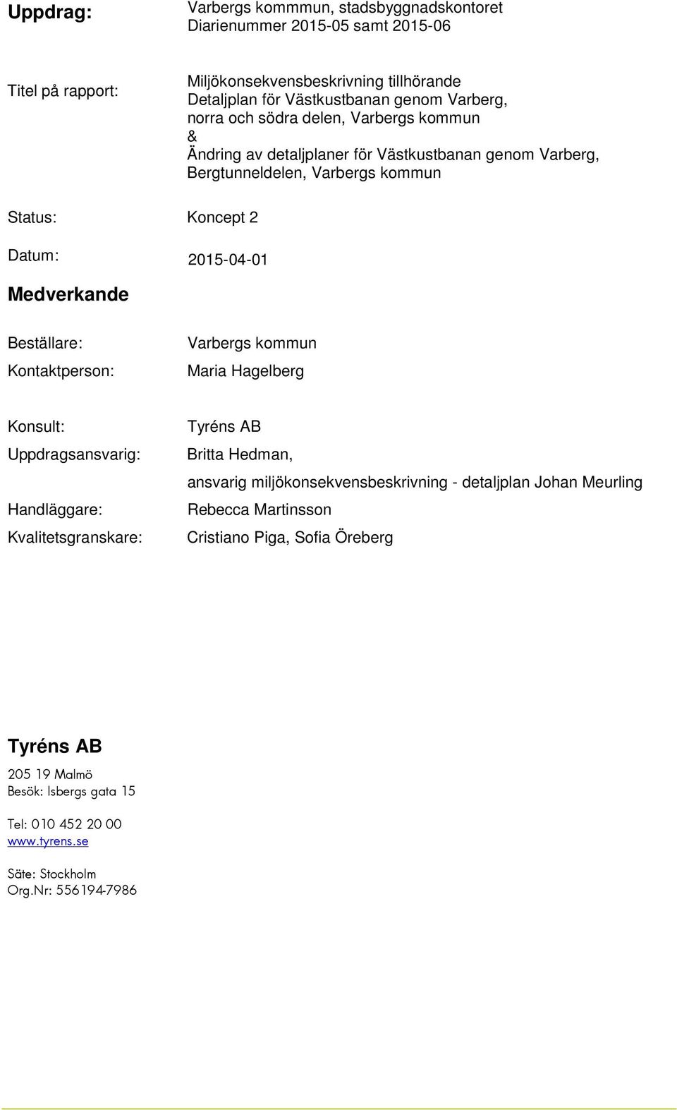 Varbergs kommun Maria Hagelberg Konsult: Uppdragsansvarig: Handläggare: Kvalitetsgranskare: Tyréns AB Britta Hedman, ansvarig miljökonsekvensbeskrivning - detaljplan Johan