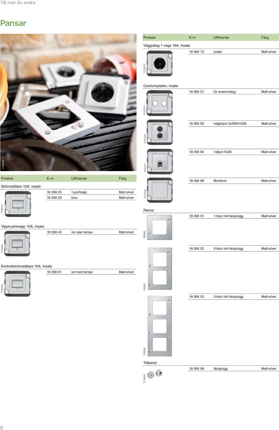 Ramar 18 056 51 1-fack inkl täckplugg Matt-silver Vipptryckknapp 10A, insats 18 056 43 vxl utan lampa Matt-silver P99686 P103080 18 056 52 2-fack inkl täckplugg Matt-silver