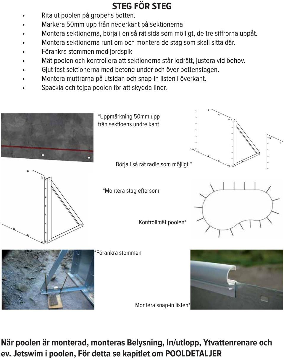 poolen är monterad, monteras Belysning, In/utlopp,