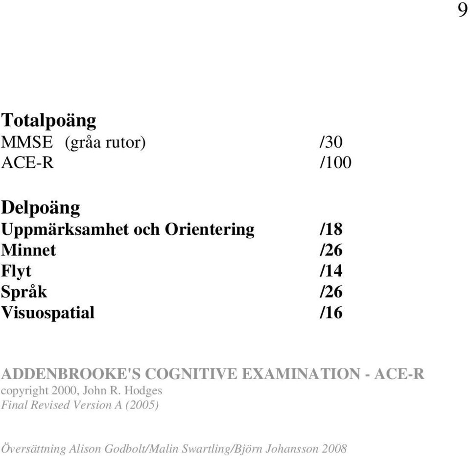 COGNITIVE EXAMINATION - ACE-R copyright 2000, John R.