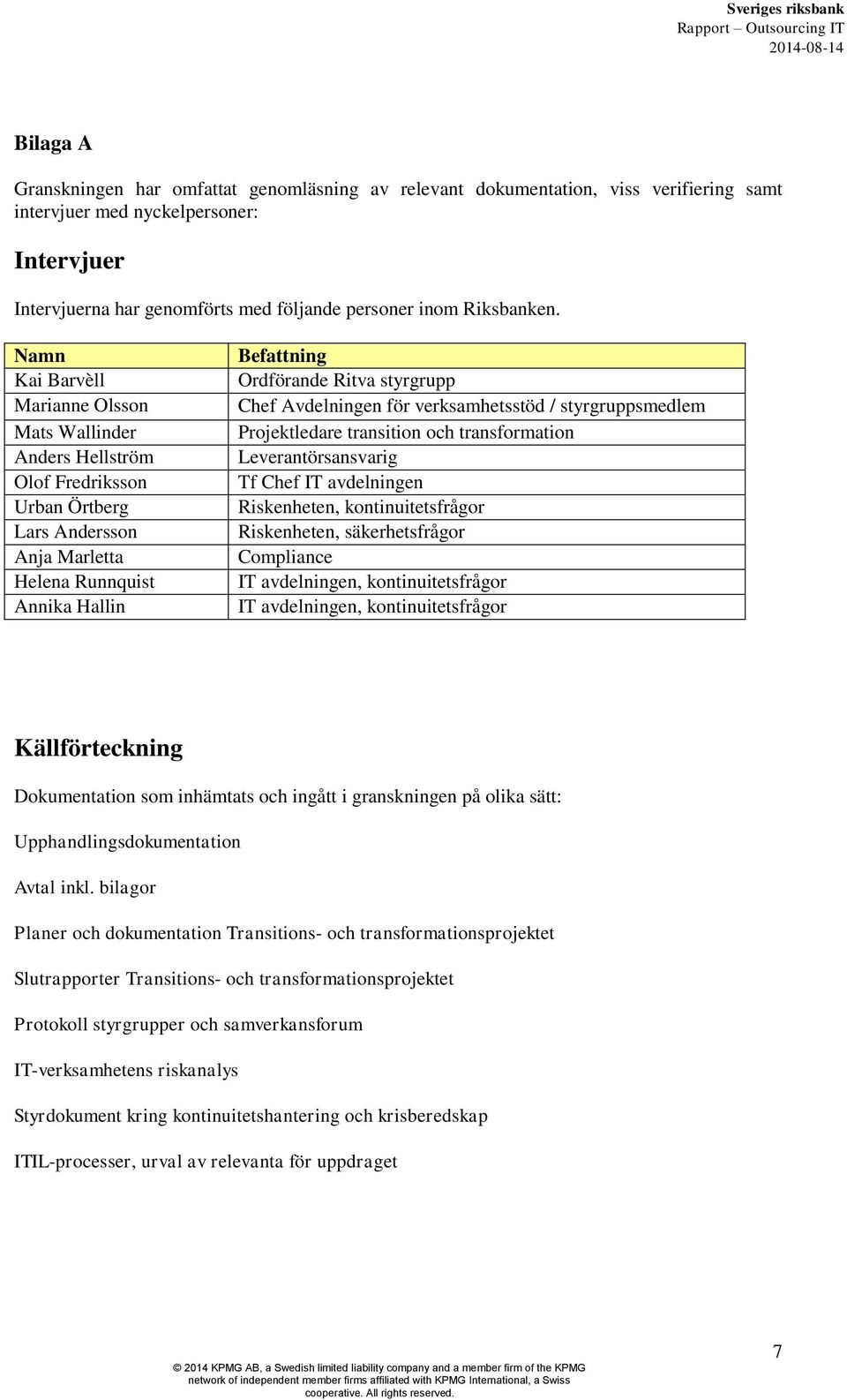 Namn Kai Barvèll Marianne Olsson Mats Wallinder Anders Hellström Olof Fredriksson Urban Örtberg Lars Andersson Anja Marletta Helena Runnquist Annika Hallin Befattning Ordförande Ritva styrgrupp Chef