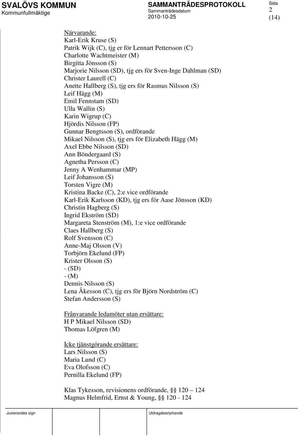(S), tjg ers för Elizabeth Hägg (M) Axel Ebbe Nilsson (SD) Ann Böndergaard (S) Agnetha Persson (C) Jenny A Wenhammar (MP) Leif Johansson (S) Torsten Vigre (M) Kristina Backe (C), 2:e vice ordförande