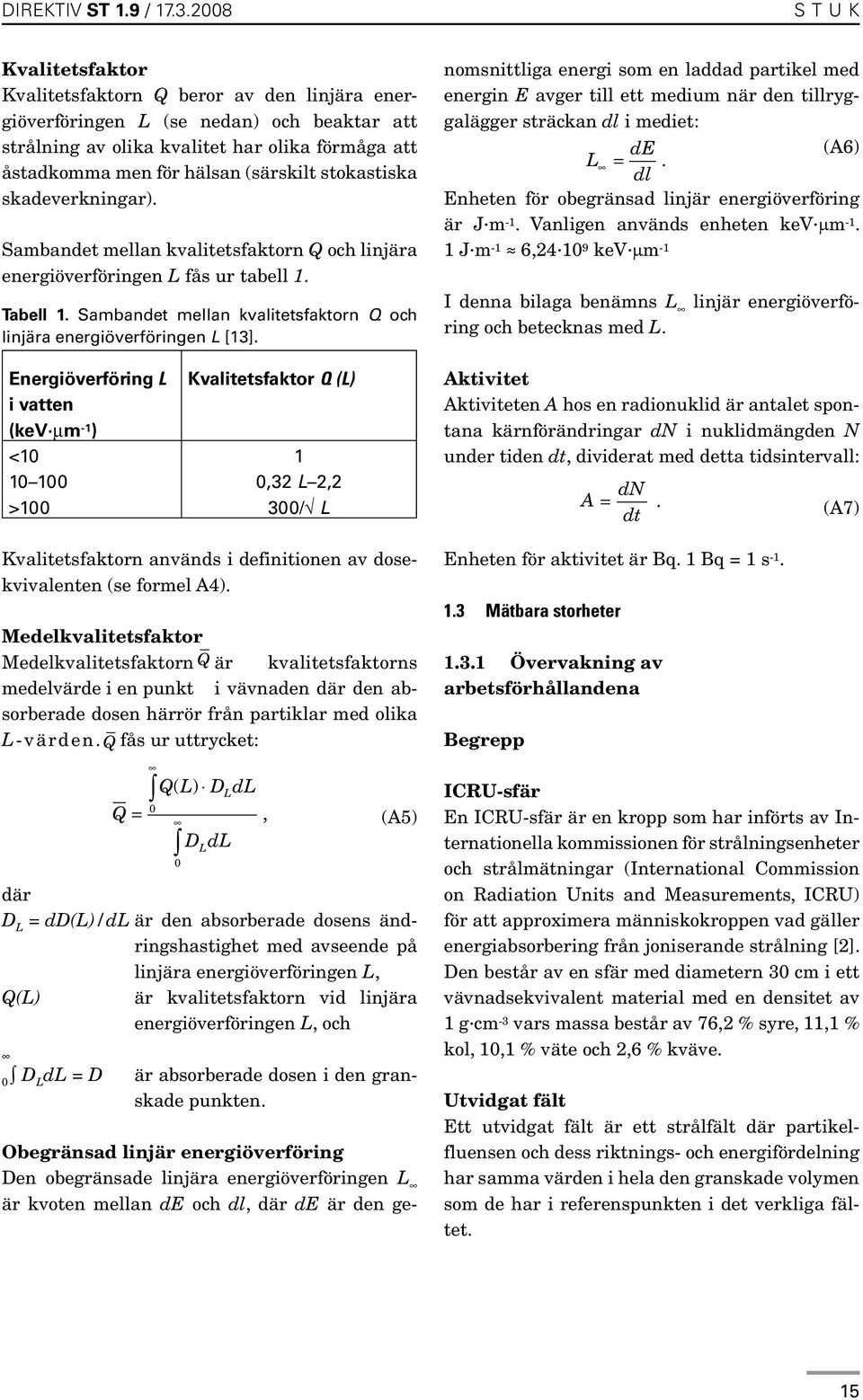(särskilt stokastiska skadeverkningar). Sambandet mellan kvalitetsfaktorn Q och linjära energiöverföringen L fås ur tabell 1. Tabell 1.