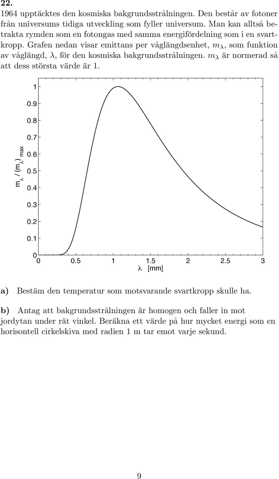 Grafen nedan visar emittans per våglängdsenhet, m λ, som funktion av våglängd, λ, för den kosmiska bakgrundsstrålningen. m λ är normerad så att dess största värde är 1. 1 0.9 0.8 0.