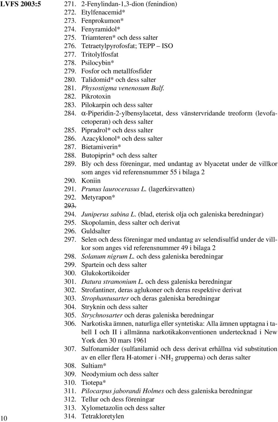 Pipradrol* 286. Azacyklonol* 287. Bietamiverin* 288. Butopiprin* 289. Bly och dess eningar, med undantag av blyacetat under de villkor som anges vid referensnummer 55 i bilaga 2 290. Koniin 291.
