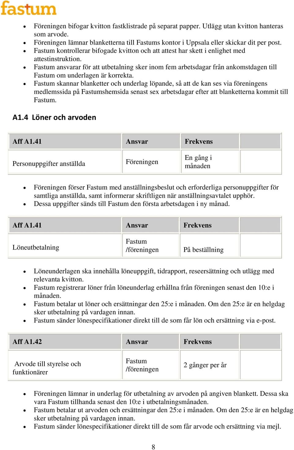 skannar blanketter och underlag löpande, så att de kan ses via föreningens medlemssida på shemsida senast sex arbetsdagar efter att blanketterna kommit till. A1.4 Löner och arvoden Aff A1.