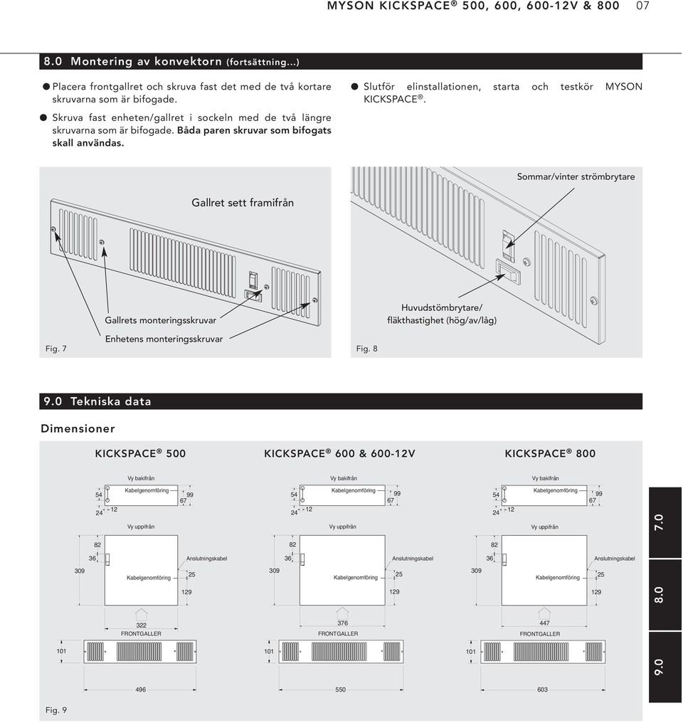 Sommar/vinter strömbrytare Gallret sett framifrån Gallrets monteringsskruvar Huvudstömbrytare/ fläkthastighet (hög/av/låg) Fig. 7 Enhetens monteringsskruvar Fig. 8 9.