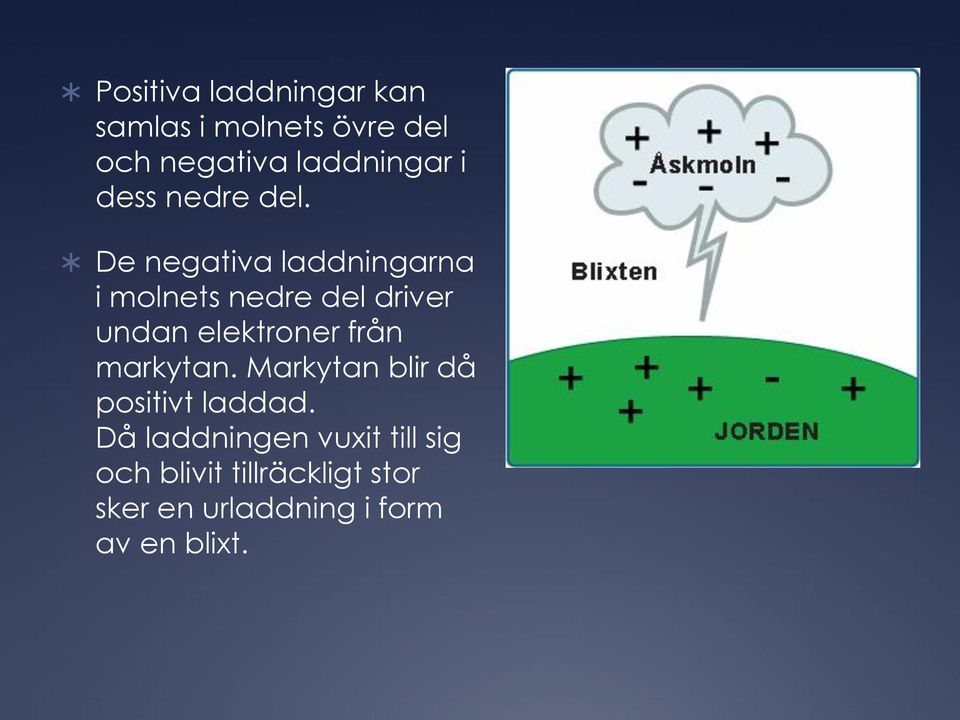 De negativa laddningarna i molnets nedre del driver undan elektroner från